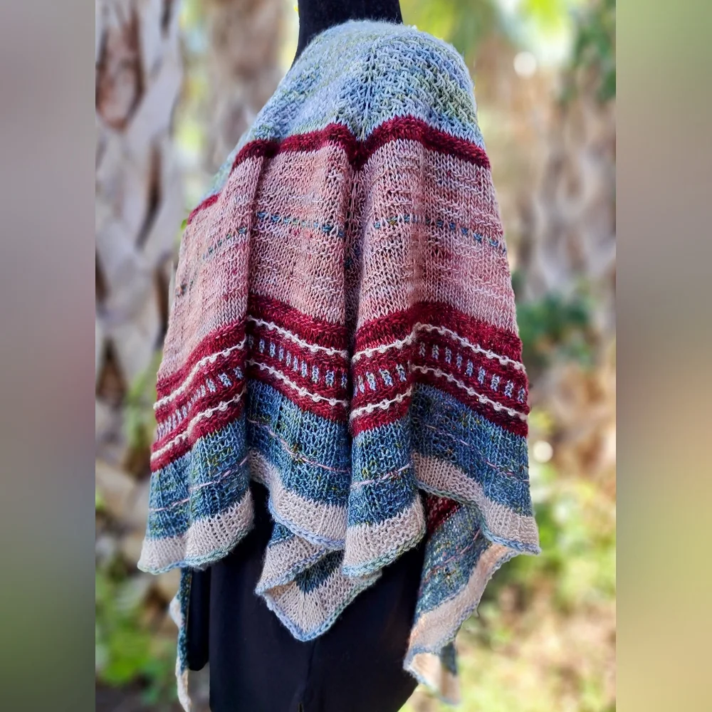 Hand Crafted OOAK Soft Wool Triangular Striped Natural Red Pink Blue Knit Wrap - Picture 5 of 12